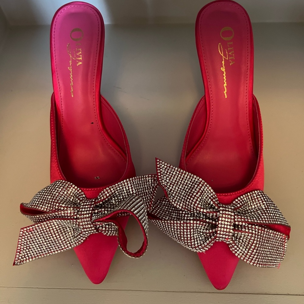 Pink Olivia Ferguson rhinestone bow heels